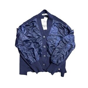 Zara Cardigan Sweater Jacket Women Size Large Cable Knit Mixed Media Ruched Sz S